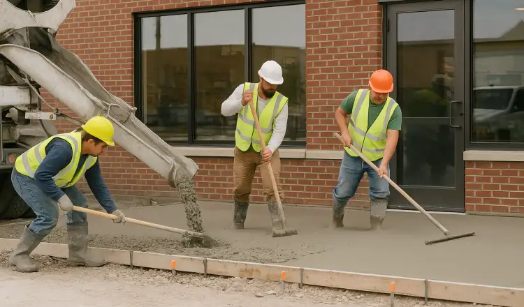 3 concrete contractors spreading concrete on the ground for a sidewalk from Mr. Concrete Construction San Antonio in Castle Hills, TX - Castle Hills TX