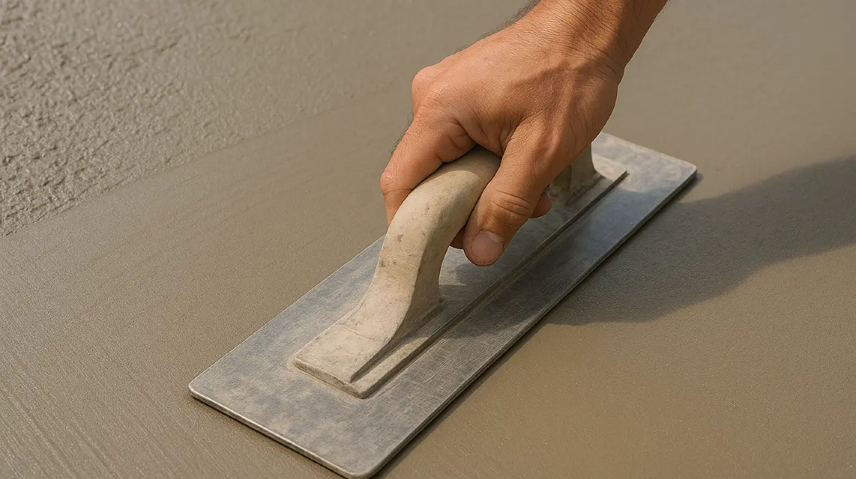 a hand trowel being used on a fresh cement slab to smooth it from Mr. Concrete Construction San Antonio in San Antonio, TX - Concrete Cutting Services