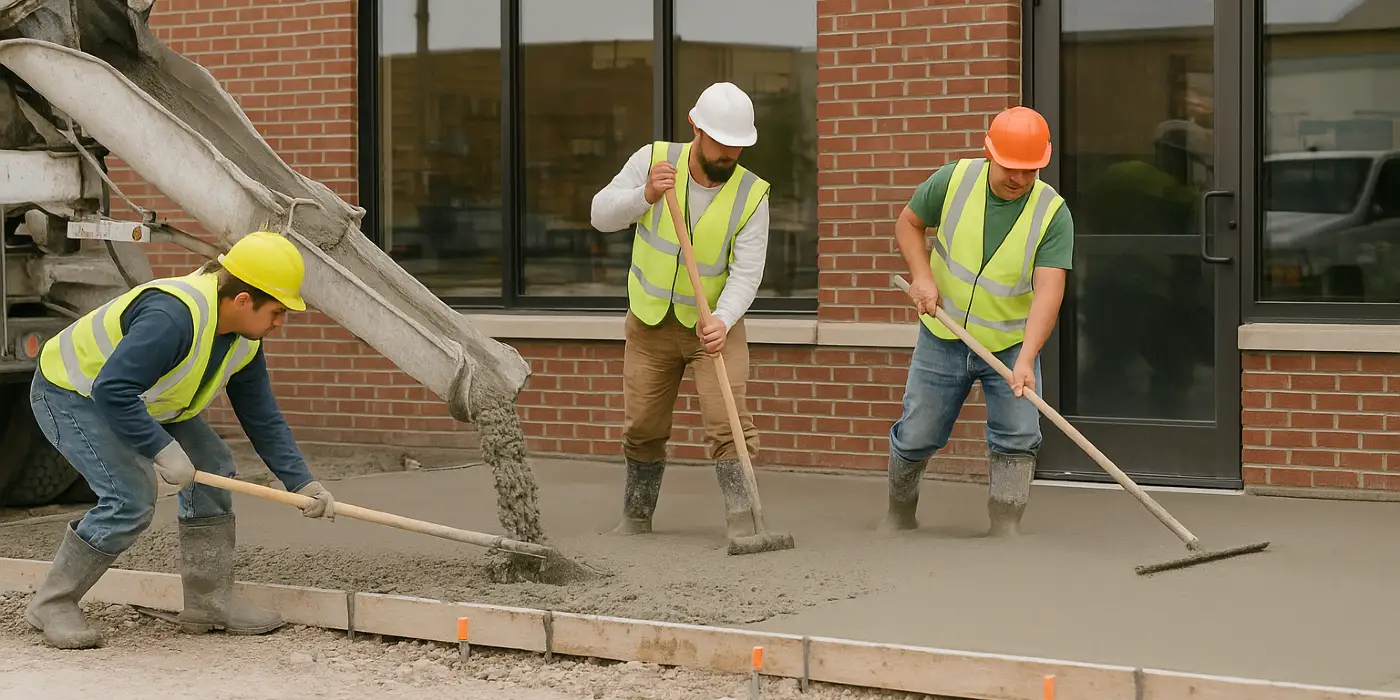 3 concrete contractors spreading concrete on the ground for a sidewalk from Mr. Concrete Construction San Antonio in San Antonio, TX - Concrete Footing Services