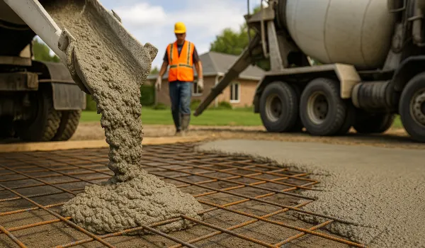 Cement truck pouring cement on a rebared ground from Mr. Concrete Construction San Antonio in San Antonio, TX - Concrete Parking Lot Building
