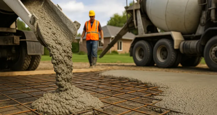 Cement truck pouring cement on a rebared ground from Mr. Concrete Construction San Antonio in San Antonio, TX - Concrete Parking Lot Building