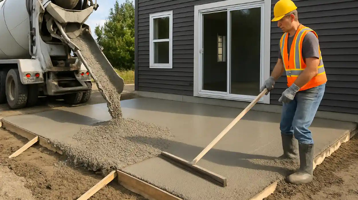 a man spreading the cement a truck is pouring to build a patio from Mr. Concrete Construction San Antonio in San Antonio, TX - Concrete Resurfacing