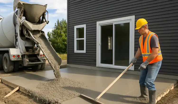 a man spreading the cement a truck is pouring to build a patio from Mr. Concrete Construction San Antonio in San Antonio, TX - Concrete Resurfacing