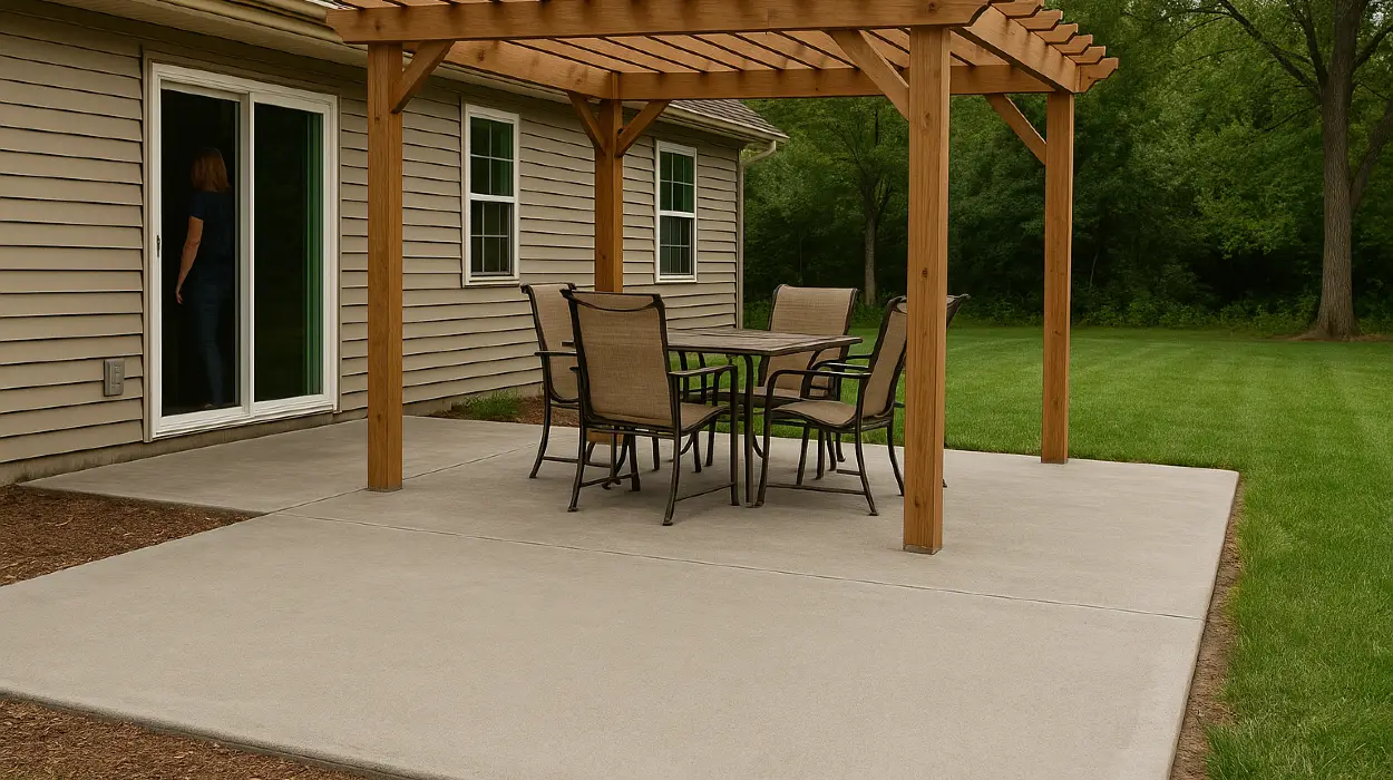 a concrete patio with a pergola from Mr. Concrete Construction San Antonio in San Antonio, TX - Concrete slab for new sheds