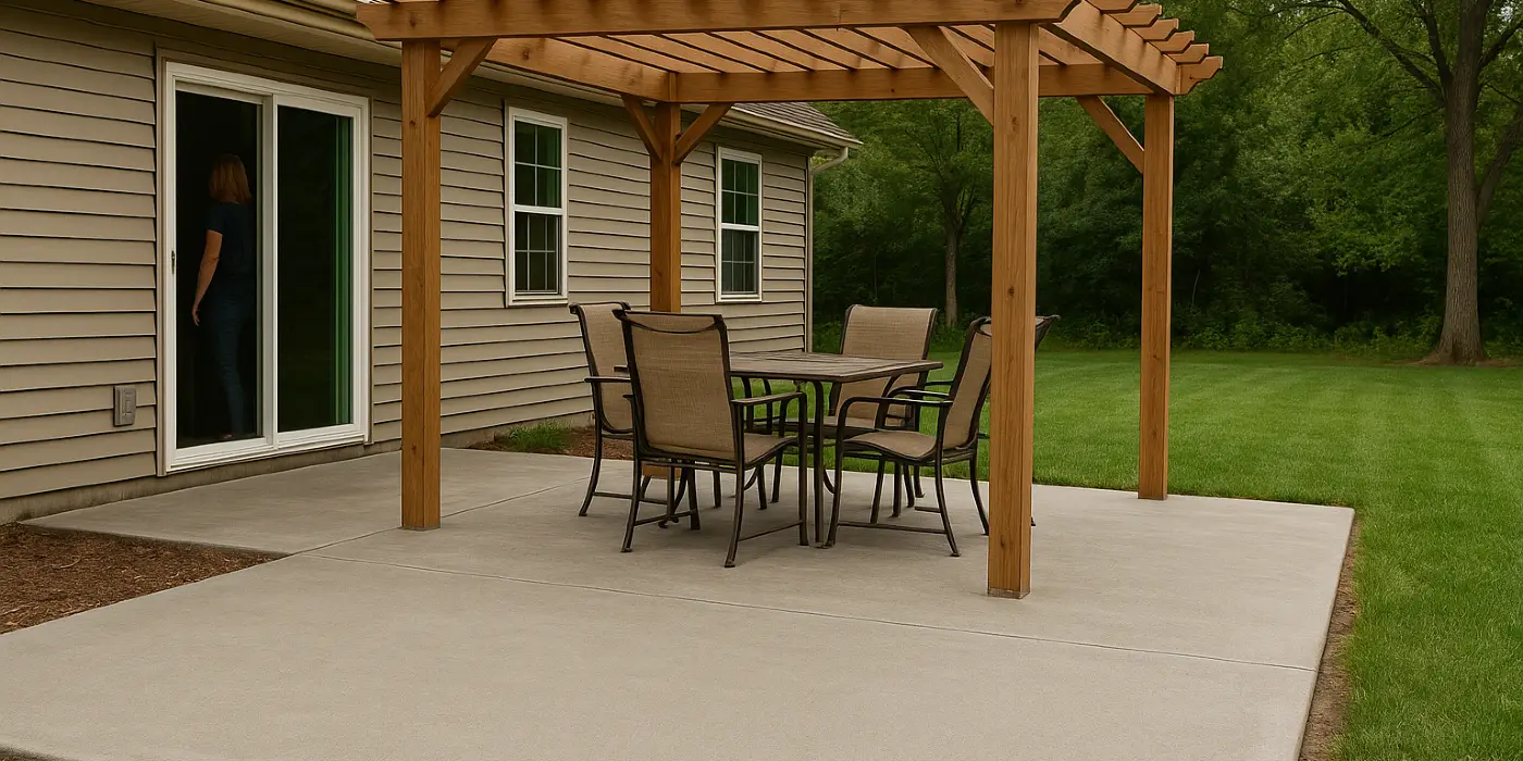 a concrete patio with a pergola from Mr. Concrete Construction San Antonio in San Antonio, TX - Concrete slab for new sheds a concrete patio with a pergola from Mr. Concrete Construction San Antonio in San Antonio, TX - Concrete slab for new sheds