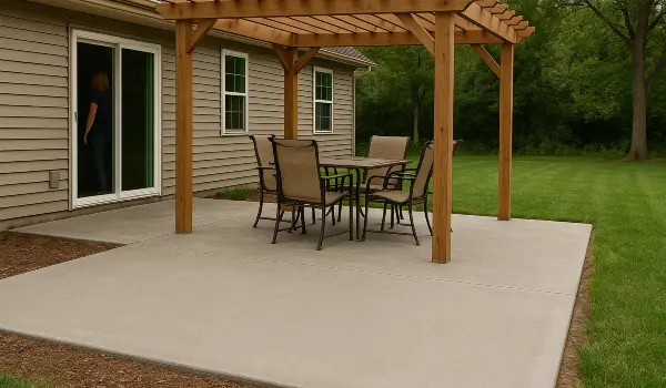 a concrete patio with a pergola from Mr. Concrete Construction San Antonio in San Antonio, TX - Concrete slab for new sheds