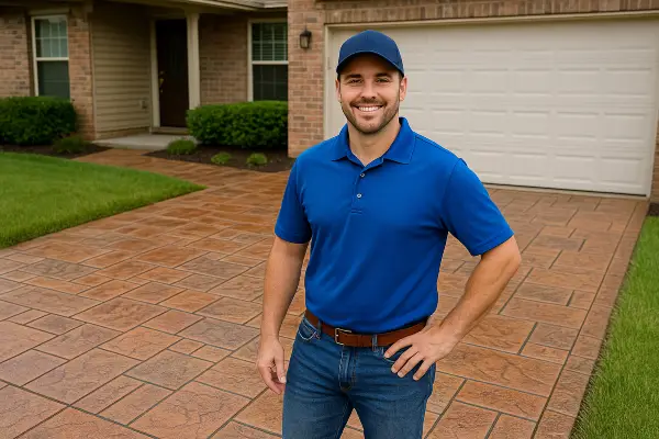 a concrete contractor smiling at the camera with stamped concrete behind him from Mr. Concrete Construction San Antonio in San Antonio, TX - Driveway Replacement a concrete contractor smiling at the camera with stamped concrete behind him from Mr. Concrete Construction San Antonio in San Antonio, TX - Driveway Replacement