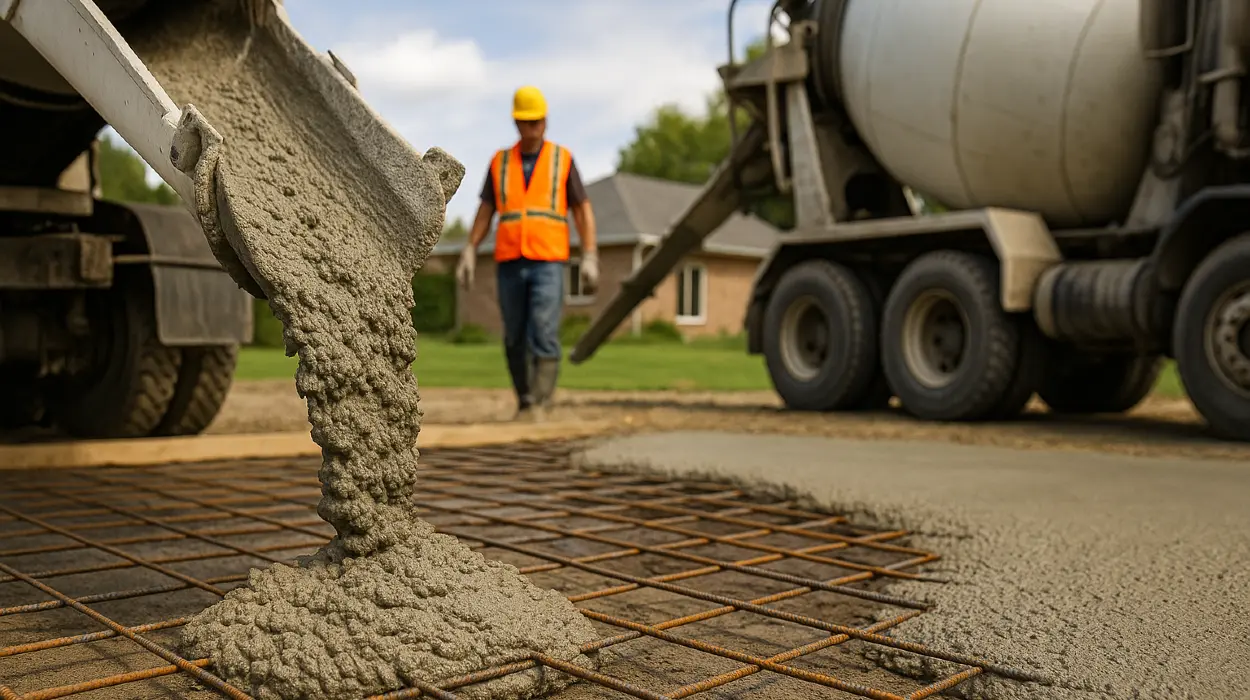 Cement truck pouring cement on a rebared ground from Mr. Concrete Construction San Antonio in Fair Oaks Ranch, TX - Fair Oaks Ranch TX