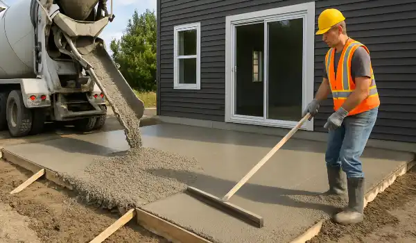 a man spreading the cement a truck is pouring to build a patio from Mr. Concrete Construction San Antonio in Seguin, TX - Seguin TX